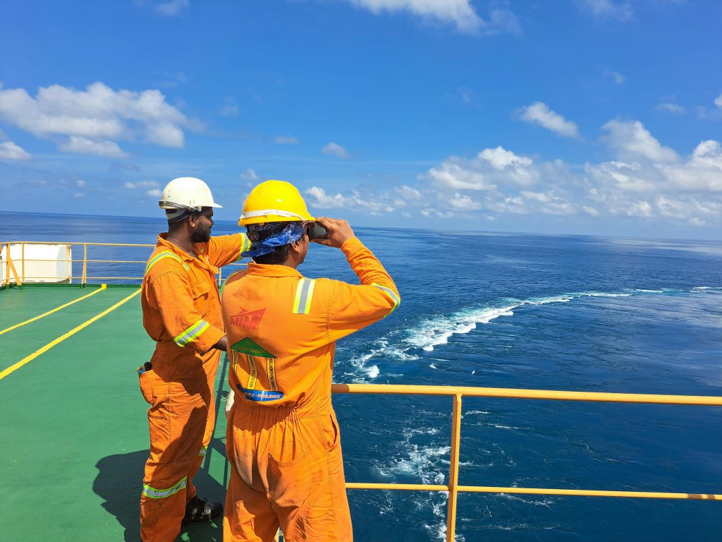 Two maritime workers in safety gear observe the ocean on a sunny day from a ship deck.